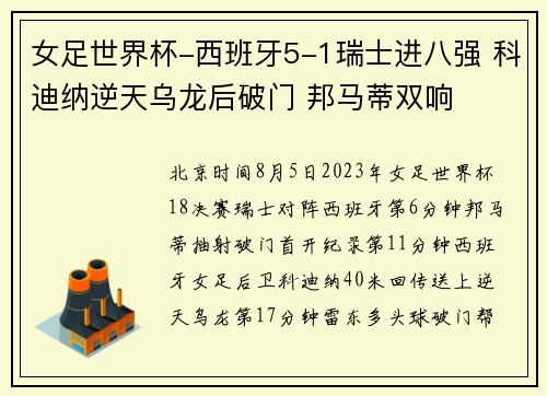 女足世界杯-西班牙5-1瑞士进八强 科迪纳逆天乌龙后破门 邦马蒂双响